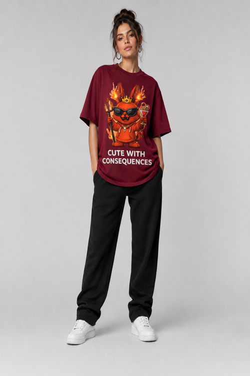 Person wearing a maroon t-shirt with a graphic design and text, standing against a plain background
